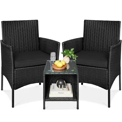 Best Choice Products 3-piece Outdoor Wicker Conversation Patio Bistro Set, W/ 2 Chairs, Table - Black/white Sand