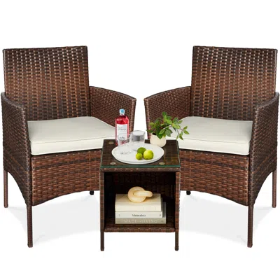 Best Choice Products 3-piece Outdoor Wicker Conversation Patio Bistro Set, W/ 2 Chairs, Table - Brown/white Sand
