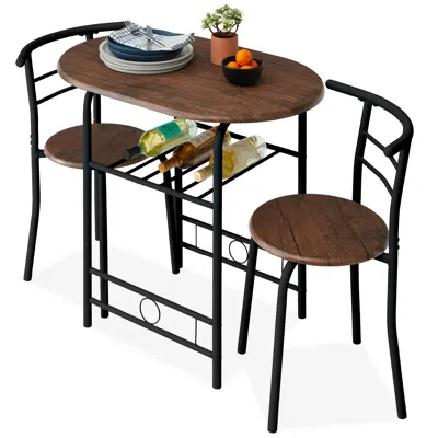 Best Choice Products 3-piece Wood Dining Room Round Table & Chairs Set W/ Steel Frame, Built-in Wine Rack In Brown