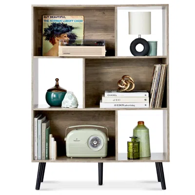 Best Choice Products 3-tier Mid-century Modern Wooden Bookcase W/ Removable Back Panels, Offset Pine Legs In Metallic