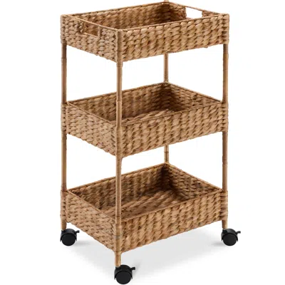 Best Choice Products 3-tier Water Hyacinth Rolling Nursery Caddy W/ Wheels, Utility Cart, Storage Organization - Chestnut