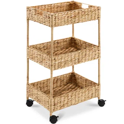 Best Choice Products 3-tier Water Hyacinth Rolling Nursery Caddy W/ Wheels, Utility Cart, Storage Organization - Natural