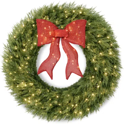 Best Choice Products 30in Artificial Christmas Wreath W/twinkling Leds, Large Pre-lit Cedar Cypress W/ Lighted Bow Decor In Green