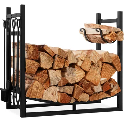 Best Choice Products 34.25in Steel Firewood Log Rack & Tool Set For Fire Pit, Fireplace W/ Kindling Holder In Gray