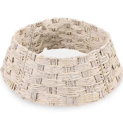 Best Choice Products 36in Basket Woven Hyacinth Christmas Tree Collar, Tree Skirt Accessory W/ Cord Cut-out - White W