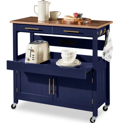 Best Choice Products 36in Large Rolling Kitchen Island Cart, 2-door Cabinet, Outlet, Hooks, & Wheels In Blue