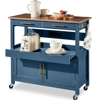 Best Choice Products 36in Large Rolling Kitchen Island Cart, 2-door Cabinet, Outlet, Hooks, & Wheels In Blue