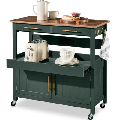 Best Choice Products 36in Large Rolling Kitchen Island Cart, 2-door Cabinet, Outlet, Hooks, & Wheels In Green