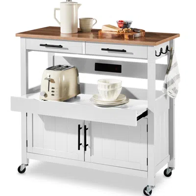 Best Choice Products 36in Large Rolling Kitchen Island Cart, 2-door Cabinet, Outlet, Hooks, & Wheels In White