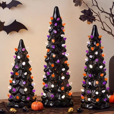 Best Choice Products 3pc Ceramic Halloween Trees, Pre-lit Hand Painted Pencil Tabletop Holiday Decoration Leds - Black