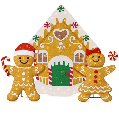 Best Choice Products 3pc Gingerbread Man Family 2d Christmas Yard Decor, 4ft Light Up Holiday Lawn Decoration W/house, 18