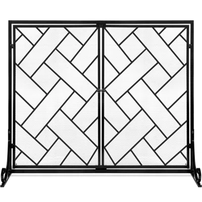 Best Choice Products 44x33in 2-panel Handcrafted Wrought Iron Geometric Fireplace Screen W/ Magnetic Doors In Black
