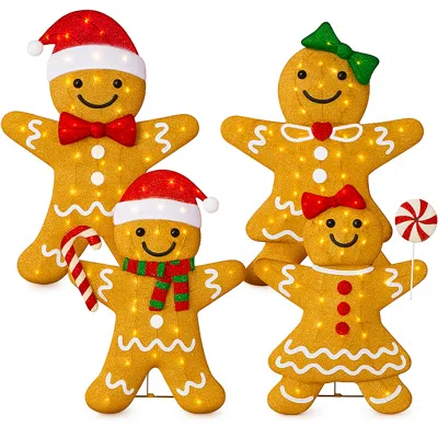 Best Choice Products 4pc Gingerbread Family 2d Christmas Yard Decor, 4ft Light Up Holiday Lawn Decoration, 200 Led Lights In Yellow