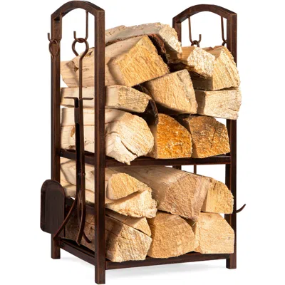 Best Choice Products 5-piece Firewood Log Rack Holder Tools Set For Fireplace W/ Hook, Broom, Shovel, Tongs In Brown
