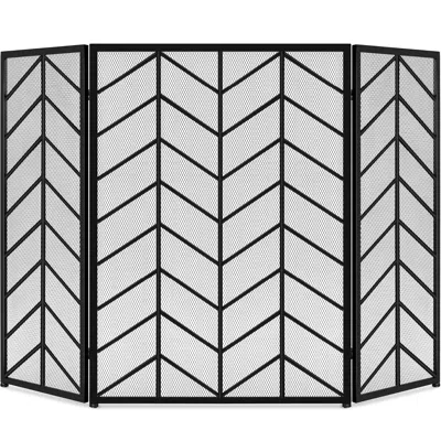 Best Choice Products 52x31in 3-panel Iron Chevron Fireplace Screen, Spark Guard W/ Handles In Black
