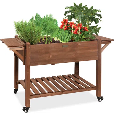 Best Choice Products 57x20x33in Mobile Raised Garden Bed Elevated Wood Planter Box W/ Folding Side Tables - Brown