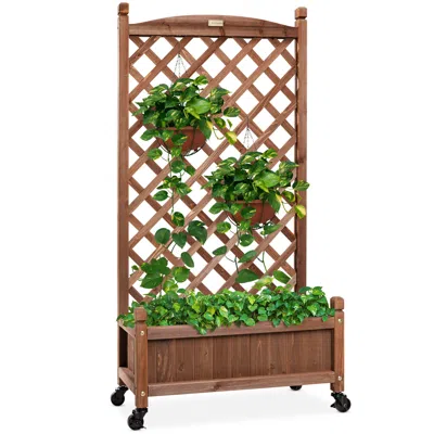 Best Choice Products 60in Mobile Wood Planter Box & Diamond Lattice Trellis, W/ Drainage Holes, Optional Wheels - Walnut In Gray