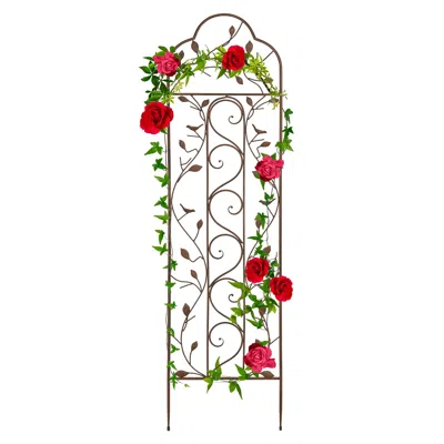 Best Choice Products 60x15in Iron Arched Garden Trellis Fence Panel W/ Branches, Birds For Climbing Plants - Bronze In Gray