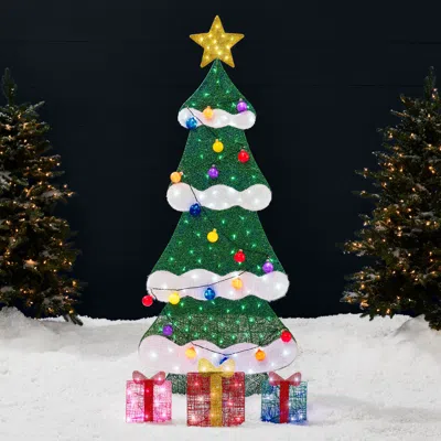 Best Choice Products 6ft Lighted 2d Christmas Tree Outdoor Decor W/ 170 Led Lights, Gift Boxes, Storage Bag In Green