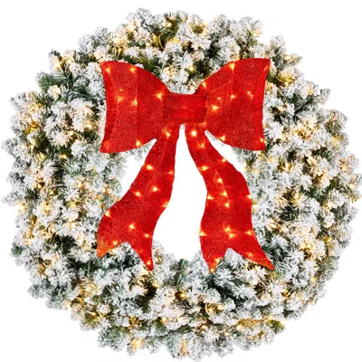 Best Choice Products Artificial Pre-lit Flocked Fir Christmas Wreath Décor W/ Red Bow, Led Lights, Tips, Plug-in In Pattern