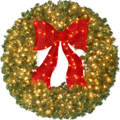 Best Choice Products Artificial Pre-lit Fir Christmas Wreath Décor W/ Red Bow, Led Lights, Tips, Plug-in In Gold
