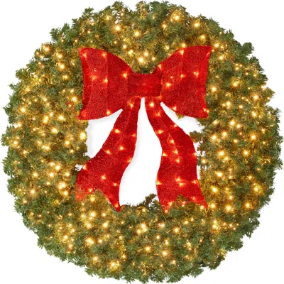 Best Choice Products Artificial Pre-lit Fir Christmas Wreath Décor W/ Red Bow, Led Lights, Tips, Plug-in In Green
