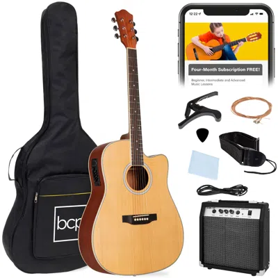 Best Choice Products Beginner Acoustic Electric Guitar Starter Set 41in W/ All Wood Cutaway Design, Case In Brown