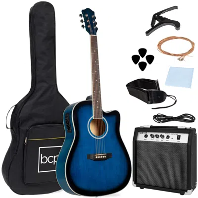 Best Choice Products Beginner Acoustic Electric Guitar Starter Set 41in W/ All Wood Cutaway Design, Case In Blue