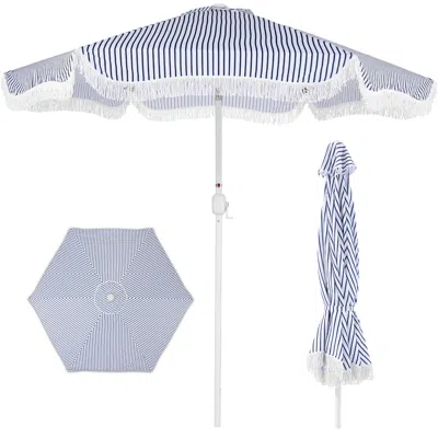 Best Choice Products Best Choice 9ft Fringe Market Umbrella Boho Patio Sunshade W/ Tilt, Upf50+ - Navy Pinstripe