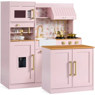 Best Choice Products Deluxe Pretend Play Kitchen With Island, Espresso Machine Version In Pink