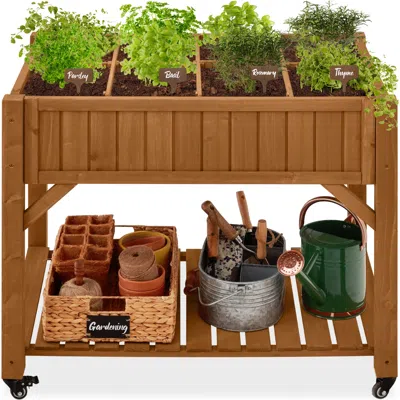 Best Choice Products Elevated Mobile Pocket Herb Garden Bed Planter W/ Lockable Wheels, Storage Shelf - Acorn Brown In Neutral