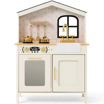 Best Choice Products Farmhouse Wooden Play Kitchen For Kids With Storage, Accessories & Clicking Knobs, Ages 3+ - Cream In Brown