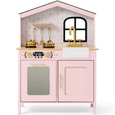 Best Choice Products Farmhouse Wooden Play Kitchen For Kids With Storage, Accessories & Clicking Knobs, Ages 3+ - Pink