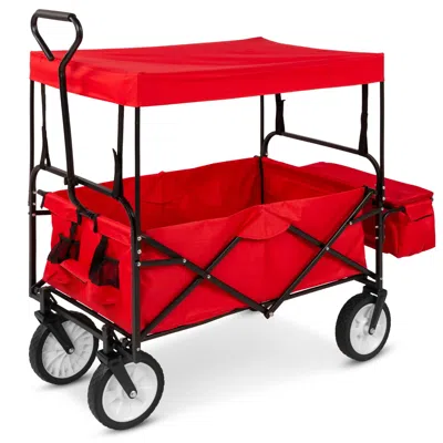 Best Choice Products Folding Utility Cargo Wagon Cart W/ Removable Canopy, Cup Holders In Red