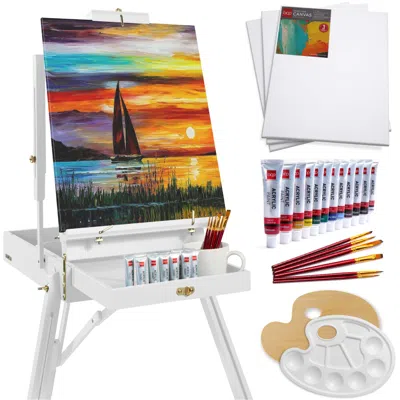 Best Choice Products French Easel, 32pc Beginners Kit Portable Wooden Adjustable Tripod W/ Paint Supplies In White
