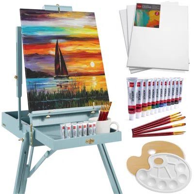 Best Choice Products French Easel, 32pc Beginners Kit Portable Wooden Adjustable Tripod W/ Paint Supplies In Blue
