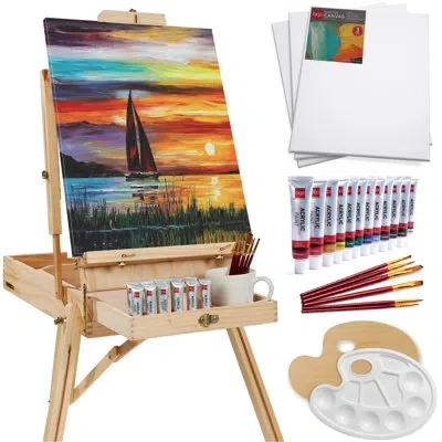 Best Choice Products French Easel, 32pc Beginners Kit Portable Wooden Adjustable Tripod  W/ Paint Supplies In Natural