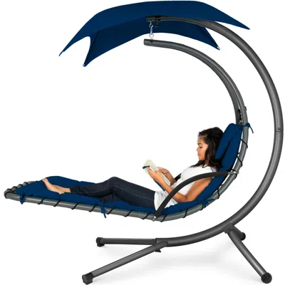 Best Choice Products Hanging Curved Chaise Lounge Chair Swing For Backyard, Patio W/ Pillow, Shade, Stand In Blue