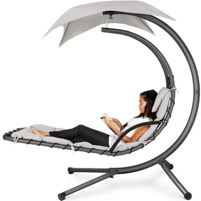 Best Choice Products Hanging Curved Chaise Lounge Chair Swing For Backyard, Patio W/ Pillow, Shade, Stand In Gray