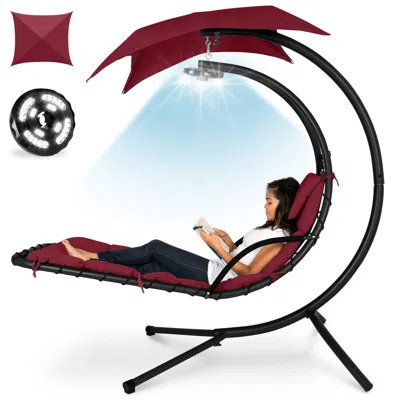 Best Choice Products Hanging Led-lit Curved Chaise Lounge Chair For Backyard, Patio W/ Pillow, Canopy, Stand In Red