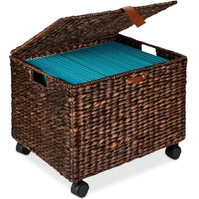 Best Choice Products Hyacinth Rolling Filing Cabinet Mobile Organizer Storage Basket W/ Lid, Locking Wheels In Brown
