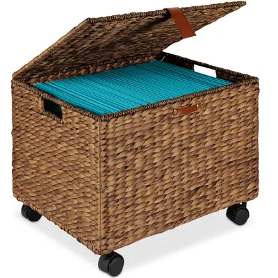 Best Choice Products Hyacinth Rolling Filing Cabinet Mobile Organizer Storage Basket W/ Lid, Locking Wheels In Brown