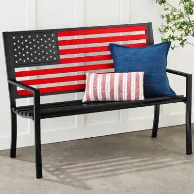 Best Choice Products Indoor Outdoor Steel Garden Bench W/ American Flag Backrest, 790lb Capacity - Black/red