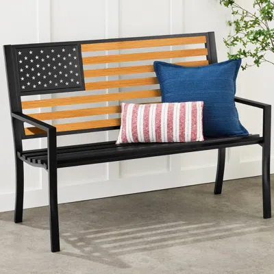 Best Choice Products Indoor Outdoor Steel Garden Bench W/ American Flag Backrest, 790lb Capacity - Black/wood