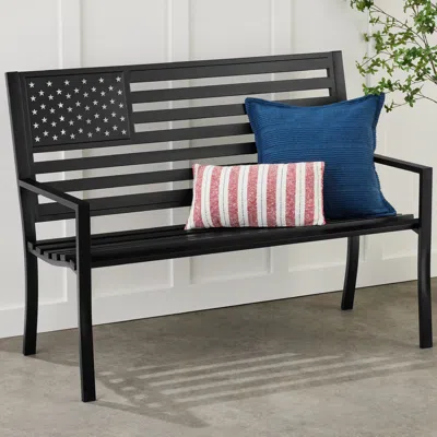 Best Choice Products Indoor Outdoor Steel Garden Bench W/ American Flag Backrest, 790lb Capacity