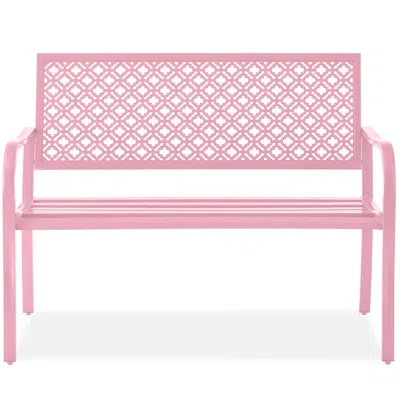 Best Choice Products Indoor Outdoor Steel Garden Bench W/ Geometric Backrest, Foot Levelers