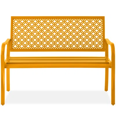 Best Choice Products Indoor Outdoor Steel Garden Bench W/ Geometric Backrest, Foot Levelers In Yellow