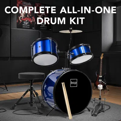Best Choice Products Kids 3-piece Beginner Drum Set With Sticks, Cushioned Stool And Drum Pedal - Light Blue