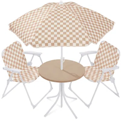 Best Choice Products Kids Outdoor Table And Chair Set With Umbrella, 3-piece Foldable Toddler Picnic Set Ages 2-5 In Neutral