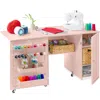 Best Choice Products Large Portable Multipurpose Folding Sewing Table W/ Magnetic Doors, Craft Storage In Pink